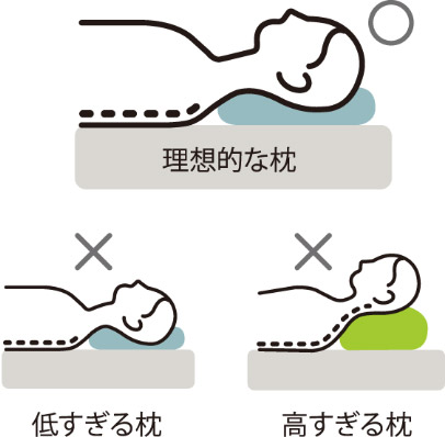 〇理想的な枕、×低すぎる枕、×高すぎる枕